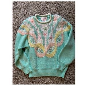 VINTAGE Jaclyn Smith decorated aqua sweater with pastel accents, acrylic/nylon